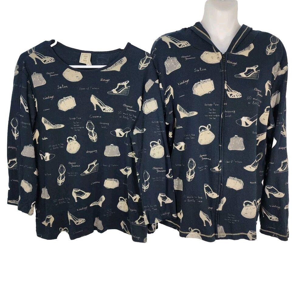 Jess & Jane Womens Hoodie T Shirt Set Lg Embellished Shoes Purses Full Zip Black